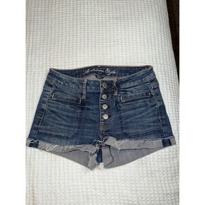 American Eagle Denim Shorts Women 2 Blue Stretch Button Fly Raw Hem Cut Off